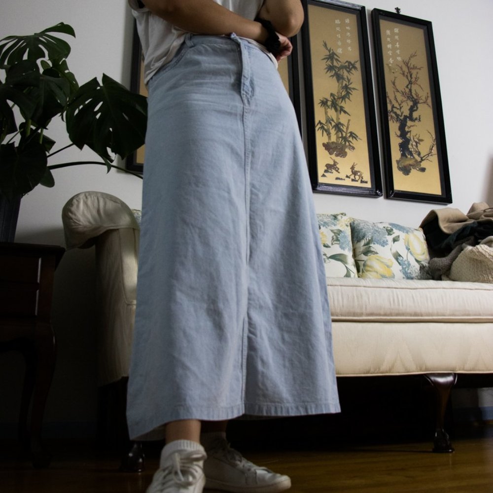 Oak+Fort HighWaisted Light Denim A-Line Midi Skirt
